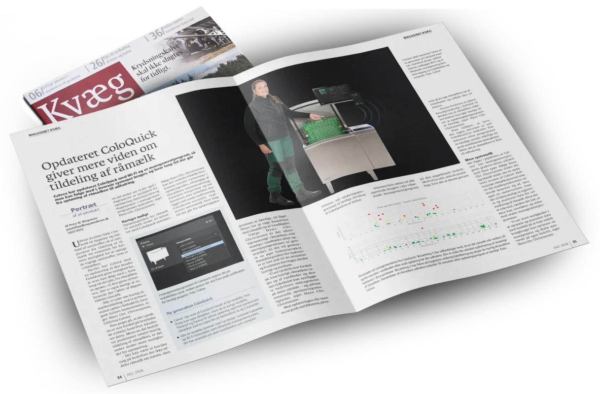 Opslag fra Magasinet Kvæg med en artikel om ColoQuick-systemet til optimering af råmælkstildeling til kalve